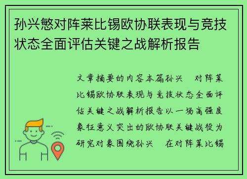 孙兴慜对阵莱比锡欧协联表现与竞技状态全面评估关键之战解析报告