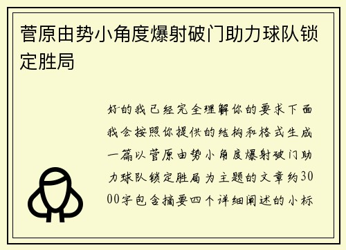 菅原由势小角度爆射破门助力球队锁定胜局
